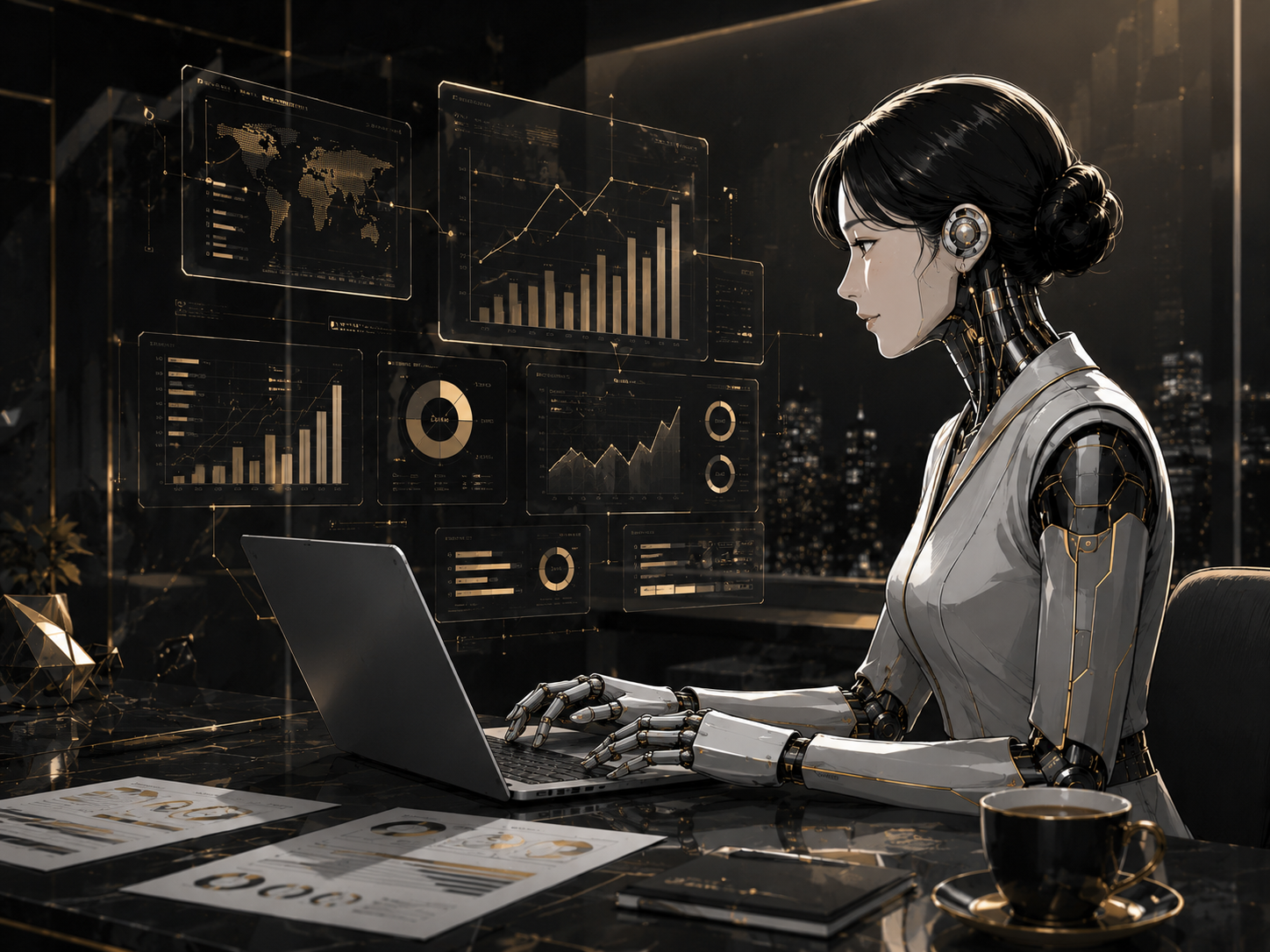 AI社員がノートパソコンでデータを整理しながら制作を進めている様子（編集イラスト）