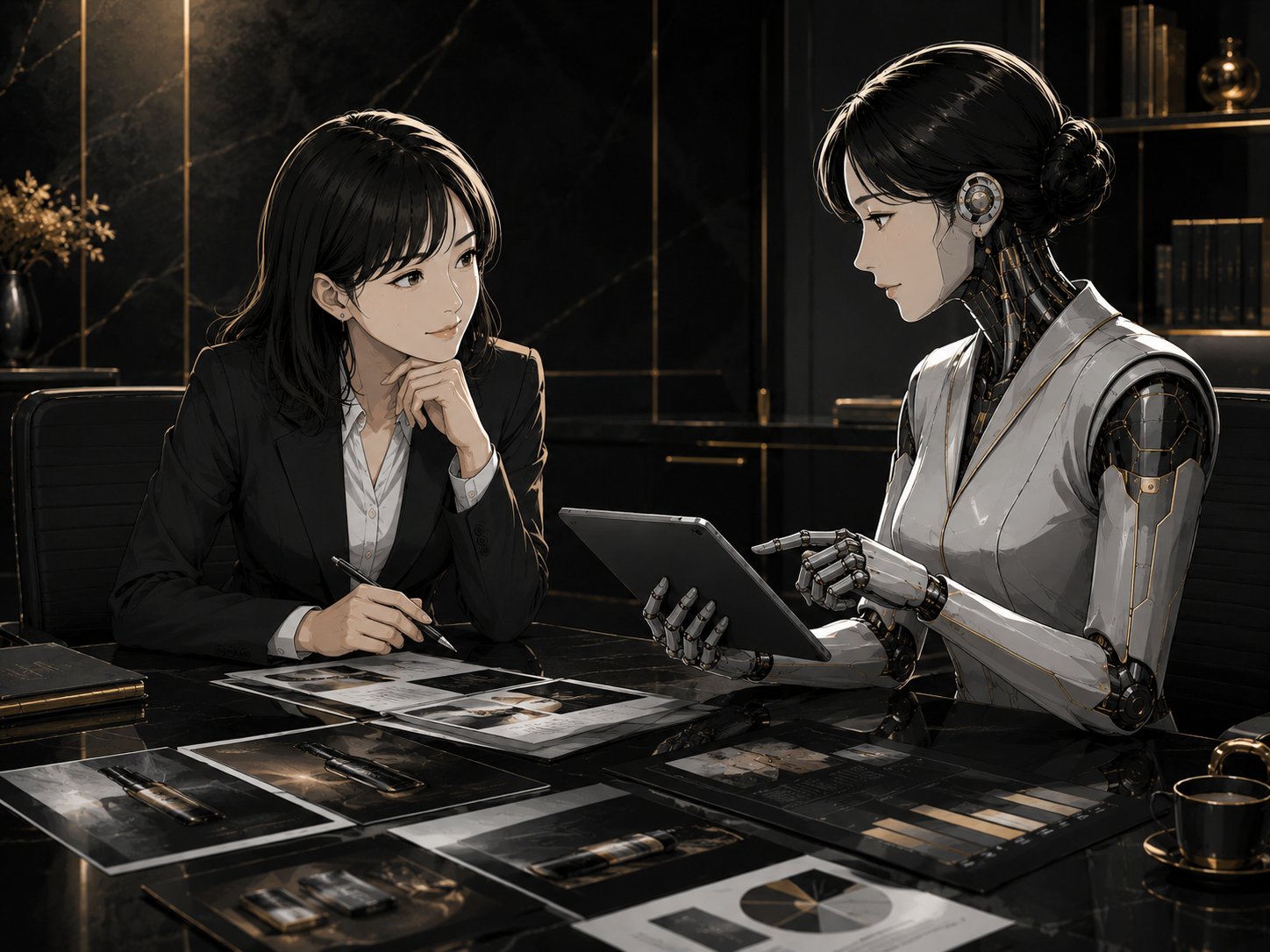 デザイナーとAI社員がタブレットでリターン画像テンプレートを確認している様子（編集イラスト）