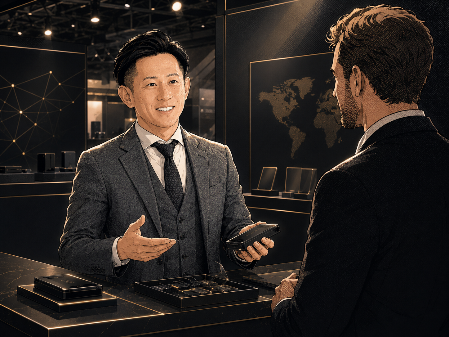海外の展示会で、代表者が海外メーカーの担当者と商談している様子（編集イラスト）