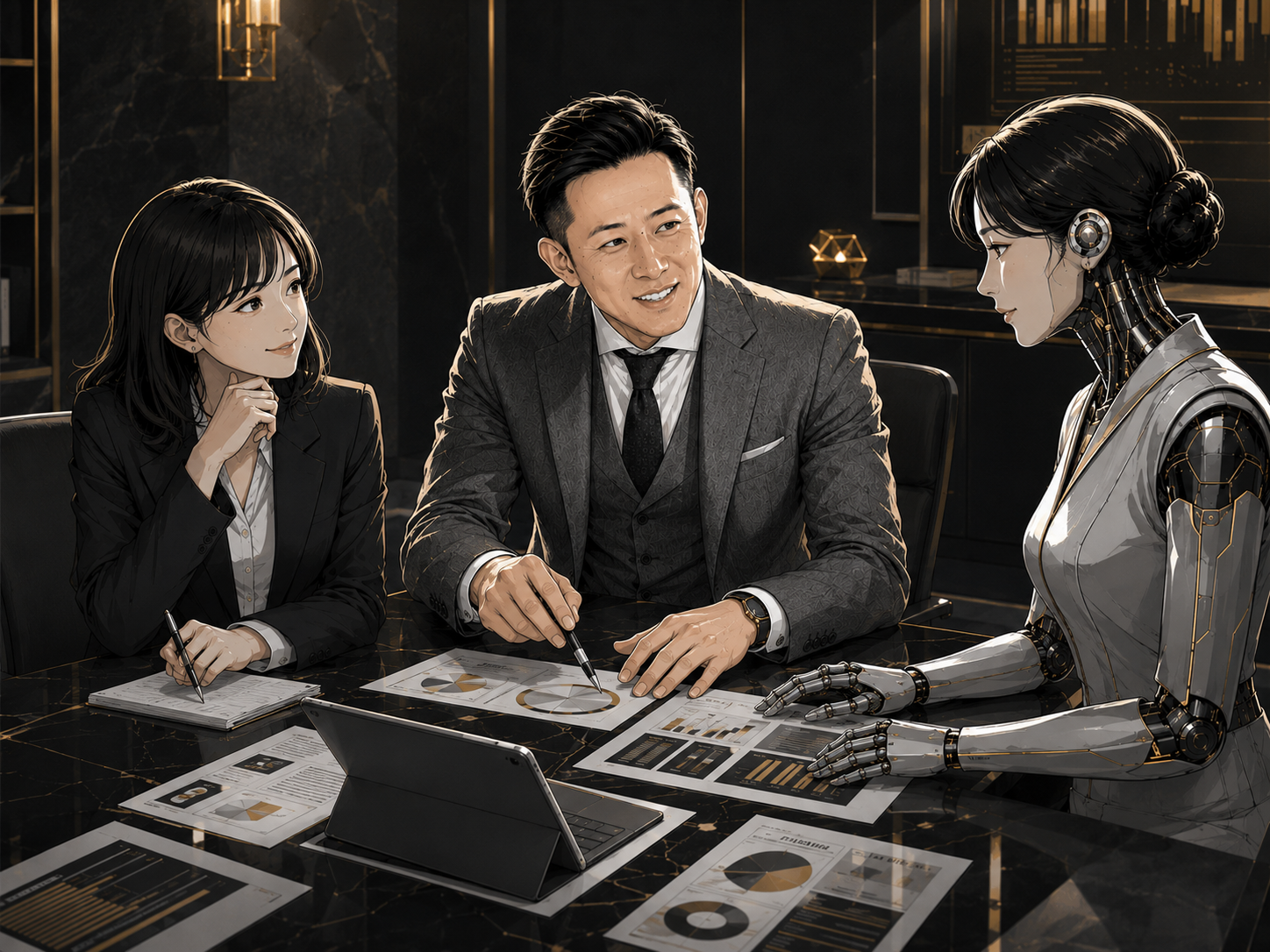 代表者、デザイナー、AI社員が普段の制作の進め方について打ち合わせている様子（編集イラスト）