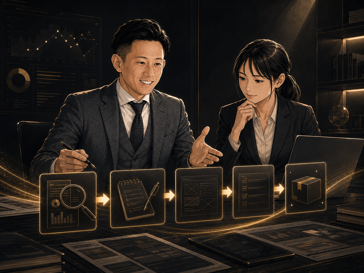 代表者とスタッフが調査から納品までの一連の流れを確認している様子（編集イラスト）